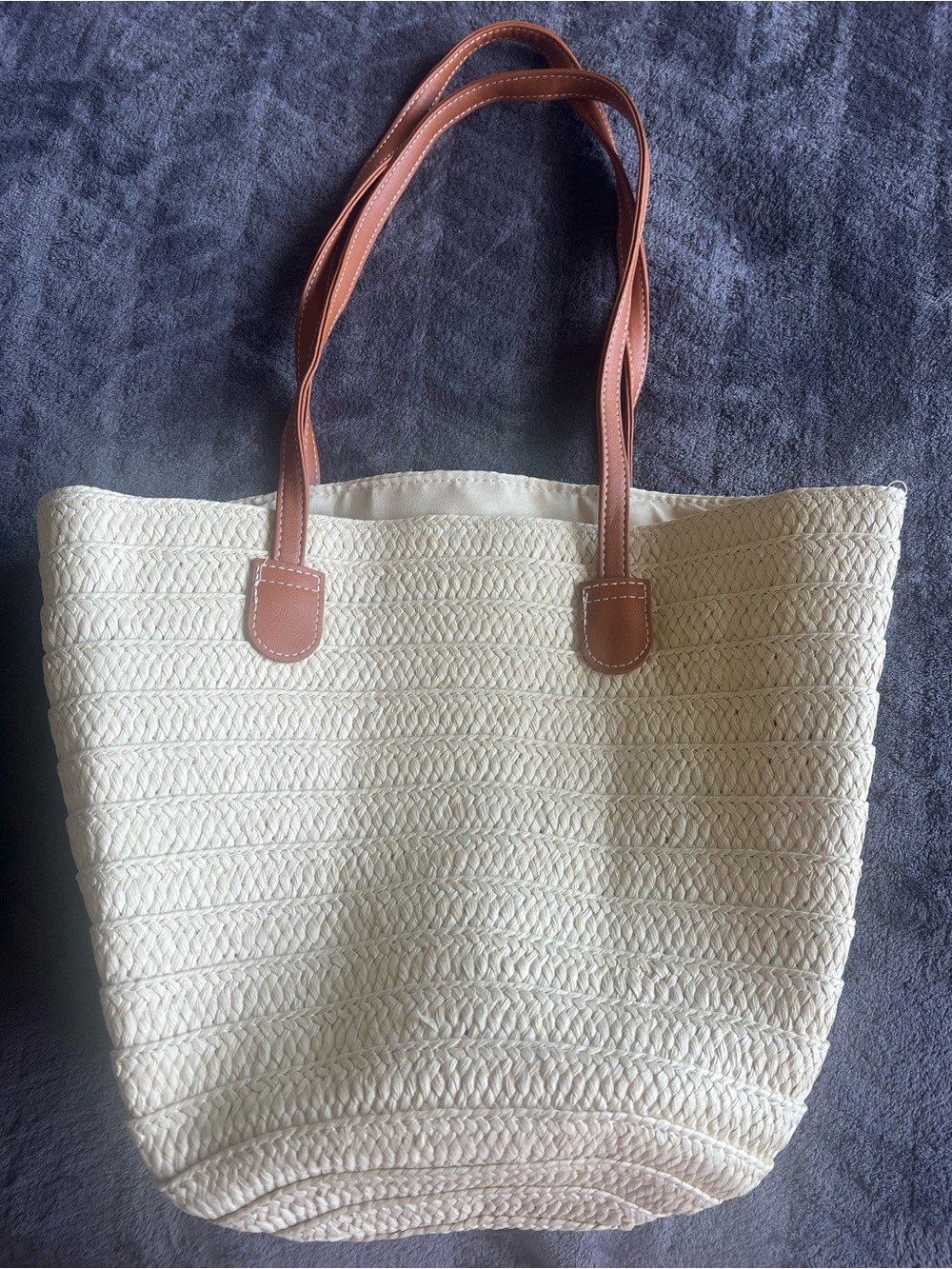 Woven Straw Tote Bag with Tan Leather Handles